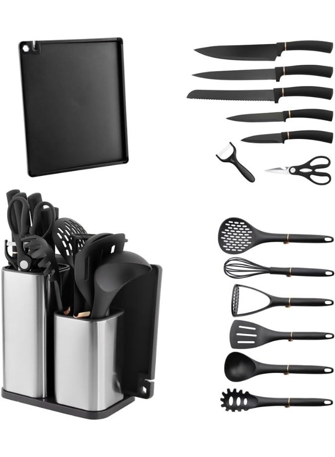 هوسرولاند مجموعة أدوات المطبخ والسكاكين من هاوس رولاند، 16 قطعة، أقفال من الفولاذ المقاوم للصدأ مع حامل أواني، منظم أدوات المطبخ، حامل سكاكين، مقص ولوحة تقطيع، مجموعة تخييم - Image 5